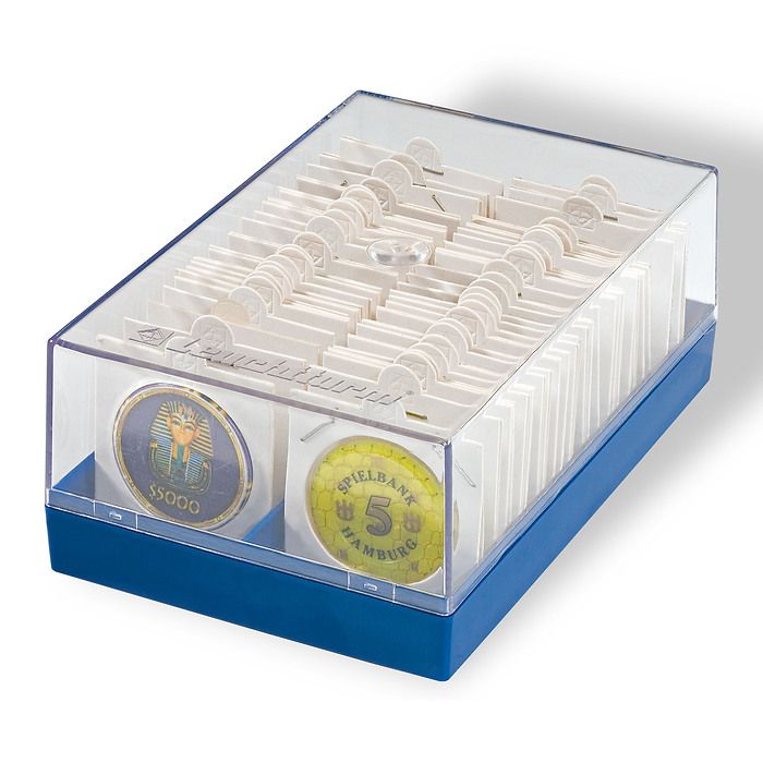 estante Escalera Cadena Caja de plástico para 100 cartones de monedas, azul online | leuchtturm.es